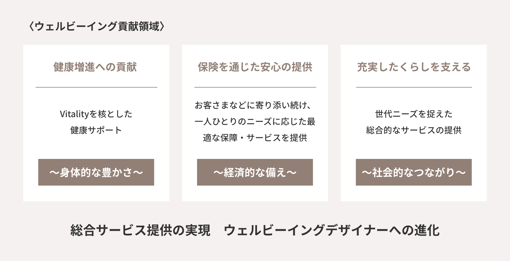 〈ウェルビーイング貢献領域〉健康増進への貢献:Vitalityを核とした健康サポート~身体的な豊かさ~保険を通じた安心の提供:お客さまなどに寄り添い続け、一人ひとりのニーズに応じた最適な保障・サービスを提供~経済的な備え~充実したくらしを支える:世代ニーズを捉えた総合的なサービスの提供~社会的なつながり~総合サービス提供の実現 ウェルビーイングデザイナーへの進化 目指す姿:お客さまに寄り添い、ウェルビーイングを提供し続ける競争力の高い人財集団づくり