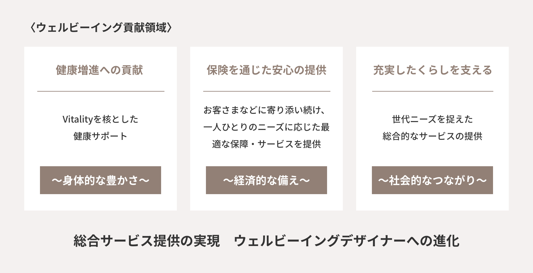 〈ウェルビーイング貢献領域〉健康増進への貢献:Vitalityを核とした健康サポート～身体的な豊かさ～保険を通じた安心の提供:お客さまなどに寄り添い続け、一人ひとりのニーズに応じた最適な保障・サービスを提供～経済的な備え～充実したくらしを支える:世代ニーズを捉えた総合的なサービスの提供～社会的なつながり～総合サービス提供の実現 ウェルビーイングデザイナーへの進化 目指す姿:お客さまに寄り添い、ウェルビーイングを提供し続ける競争力の高い人財集団づくり